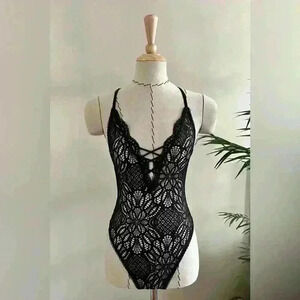 Victoria’s Secret Black Lace Bodysuit - Racerback, High-Cut Leg, Deep V | XS
